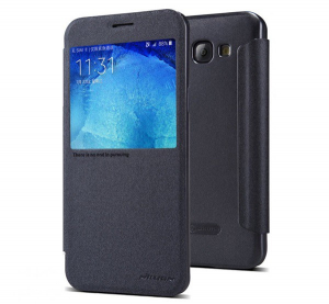 NILLKIN SPARKLE műanyag telefonv&eacute;dő (mikrosz&aacute;las bőr hat&aacute;s&uacute; FLIP, oldalra ny&iacute;l&oacute;, h&iacute;v&oacute;sz&aacute;mkijelz&eacute;s, S-View Cover) FEKETE [Samsung Galaxy A8 (2015) SM-A