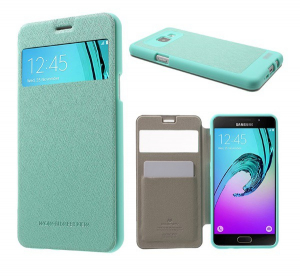 MERCURY Wow Bumper tok álló, bőr hatású (FLIP, oldalra nyíló, S-View cover, textil minta) CYAN [Samsung Galaxy A5 (2016) SM-A510F]