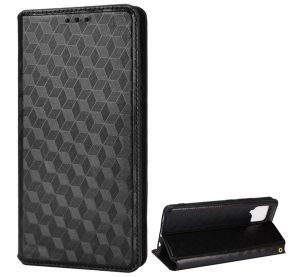 Tok álló, bőr hatású (FLIP, oldalra nyíló, asztali tartó funkció, teljes 3D rombusz minta, prémium) FEKETE [Samsung Galaxy A42 5G (SM-A425F)]