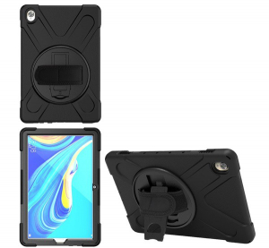 Defender műanyag telefonvédő (közepesen ütésálló, kitámasztó, 360°-ban forgatható + kézpánt) FEKETE [Huawei MediaPad M6 10.8 LTE]