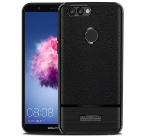 Szilikon telefonvédő (közepesen ütésálló, bőr hatású, szálcsiszolt) FEKETE [Huawei P Smart (2018)]
