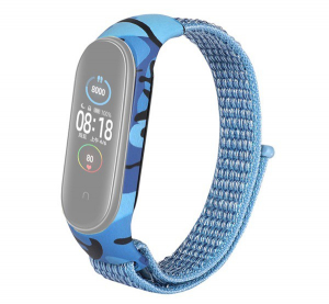 Pótszíj (textil, tépőzáras, állítható, szilikon keret, terep minta, 15 mm, speciális) VILÁGOSKÉK [Xiaomi Mi Band 5]
