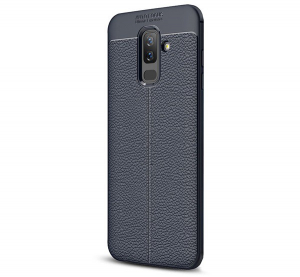 Szilikon telefonvédő (közepesen ütésálló, bőr hatású, varrás minta) SÖTÉTKÉK [Samsung Galaxy A6+ (2018) SM-A605F]