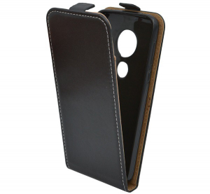 Tok álló, bőr hatású (FLIP, lefelé nyíló, szilikon tartó) FEKETE [Motorola Moto G7 (XT1962)]