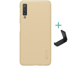 NILLKIN SUPER FROSTED műanyag telefonv&eacute;dő (gum&iacute;rozott, &eacute;rdes fel&uuml;let + asztali tart&oacute;) ARANY [Samsung Galaxy A7 (2018) SM-A750F]
