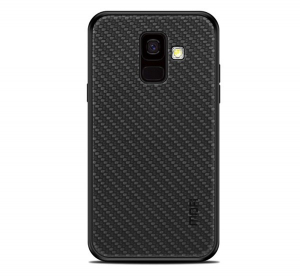 MOFI HONOR műanyag telefonv&eacute;dő (szilikon keret, bőr hat&aacute;s&uacute; h&aacute;tlap, fonott minta) FEKETE [Samsung Galaxy A6 (2018) SM-A600F]