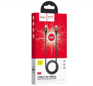 HOCO X50 adatk&aacute;bel &eacute;s t&ouml;ltő (Type-C - Type-C, PD gyorst&ouml;lt&eacute;s t&aacute;mogat&aacute;s, 100cm, cipőfűző minta) FEKETE (X50_TYPE-C_100_B)