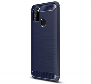 Szilikon telefonvédő (közepesen ütésálló, légpárnás sarok, szálcsiszolt, karbon minta) SÖTÉTKÉK [Samsung Galaxy A21s (SM-A217F)]