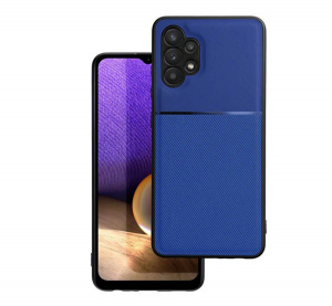 Műanyag telefonvédő (szilikon keret, közepesen ütésálló, beépített fémlemez, bőr hatású hátlap, csíkos minta) SÖTÉTKÉK [Samsung Galaxy A32 5G (SM-A326