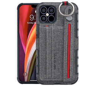 Szilikon telefonvédő (közepesen ütésálló, asztali tartó funkció, bankkártya tartó, textil hátlap + kézpánt) SZÜRKE [Apple iPhone 12 Pro]