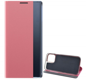 Tok álló, textil hatású (aktív FLIP, oldalra nyíló, asztali tartó funkció, Smart View Cover) RÓZSASZÍN [Apple iPhone 13 Pro Max]