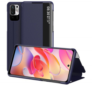 Tok álló, bőr hatású (FLIP, oldalra nyíló, asztali tartó funkció, hívószámkijelzés, View Window) SÖTÉTKÉK [Xiaomi Redmi Note 10 5G (Poco M3 Pro 5G)]