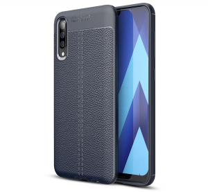 Szilikon telefonvédő (közepesen ütésálló, bőr hatású, varrás minta) SÖTÉTKÉK [Samsung Galaxy A50s (SM-A507F)]