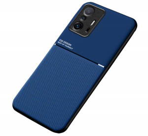 Műanyag telefonvédő (szilikon keret, közepesen ütésálló, beépített fémlemez, bőr hatású hátlap, csíkos minta) SÖTÉTKÉK [Xiaomi 11T Pro]