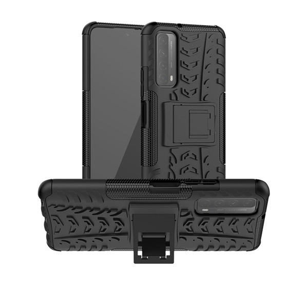 Defender műanyag telefonvédő (közepesen ütésálló, szilikon belső, kitámasztó, autógumi minta) FEKETE [Huawei P Smart (2021)]