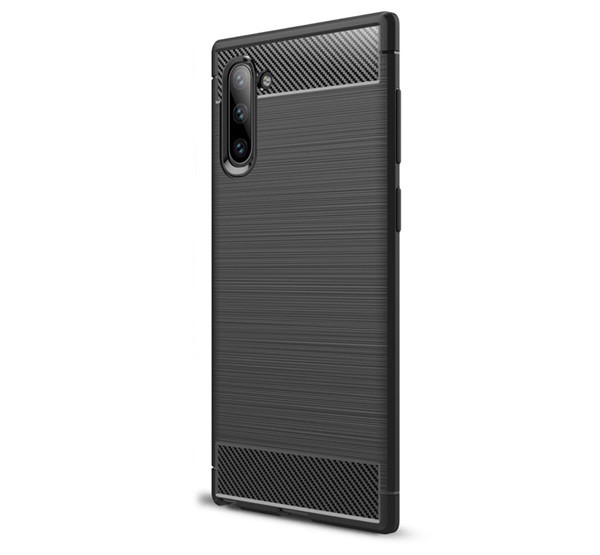 Szilikon telefonvédő (közepesen ütésálló, légpárnás sarok, szálcsiszolt, karbon minta) FEKETE [Samsung Galaxy Note 10 (SM-N970F)]