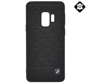 CG MOBILE BMW HEXAGON műanyag telefonvédő (valódi bőr bevonat, háromszög minta) FEKETE [Samsung Galaxy S9 (SM-G960)]
