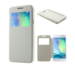 Tok álló, bőr hatású (FLIP, oldalra nyíló, S-View cover, szálcsiszolt mintázat) FEHÉR [Samsung Galaxy A3 (2015) SM-A300F]