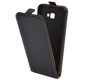 Tok álló, bőr hatású (FLIP, lefelé nyíló, szilikon tartó) FEKETE [Samsung Galaxy J4 Plus (SM-J415F)]