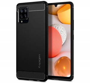 SPIGEN RUGGED ARMOR szilikon telefonv&eacute;dő (k&ouml;zepesen &uuml;t&eacute;s&aacute;ll&oacute;, l&eacute;gp&aacute;rn&aacute;s sarok, karbon minta) FEKETE [Samsung Galaxy A42 5G (SM-A425F)]