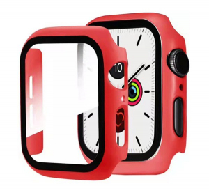 Műanyag keret (BUMPER, ütésálló + kijelzővédő üveg) PIROS [Apple Watch Series 7 41mm]
