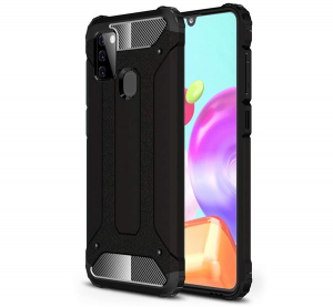 Defender műanyag telefonvédő (közepesen ütésálló, légpárnás sarok, szilikon belső, fémhatás) FEKETE [Samsung Galaxy A21s (SM-A217F)]