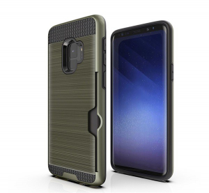 Műanyag telefonvédő (szilikon belső, közepesen ütésálló, bankkártya tartó, szálcsiszolt minta) SÖTÉTZÖLD [Samsung Galaxy S9 (SM-G960)]