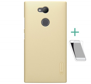 NILLKIN SUPER FROSTED műanyag telefonv&eacute;dő (gum&iacute;rozott, &eacute;rdes fel&uuml;let + k&eacute;pernyőv&eacute;dő f&oacute;lia) ARANY [Sony Xperia L2 (H4311)]