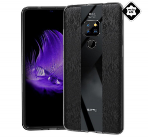 Szilikon telefonvédő (valódi bőr bevonat, csíkos) FEKETE [Huawei Mate 20]