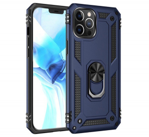 Defender műanyag telefonvédő (közepesen ütésálló, szilikon belső, telefontartó gyűrű, beépített fémlemez) SÖTÉTKÉK [Apple iPhone 12 Pro Max]