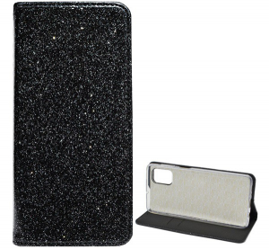 Tok &aacute;ll&oacute;, bőr hat&aacute;s&uacute; (FLIP, szilikon belső, oldalra ny&iacute;l&oacute;, asztali tart&oacute; funkci&oacute;, bankk&aacute;rtya tart&oacute;, csillog&oacute;) FEKETE [Samsung Galaxy M51 (SM-M515F)]