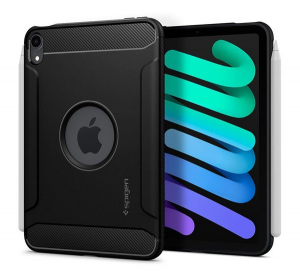 SPIGEN RUGGED ARMOR szilikon telefonv&eacute;dő (k&ouml;zepesen &uuml;t&eacute;s&aacute;ll&oacute;, l&eacute;gp&aacute;rn&aacute;s sarok, karbon minta, log&oacute; kiv&aacute;g&aacute;s) FEKETE [Apple IPAD mini 6 (2021)]