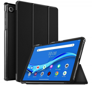 Tok álló, bőr hatású (aktív FLIP, oldalra nyíló, TRIFOLD asztali tartó funkció) FEKETE [Lenovo Tab M10 FHD Plus (TB-X606X)]