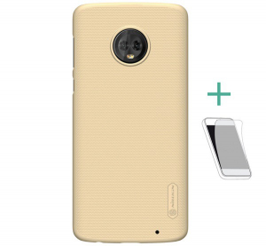 NILLKIN SUPER FROSTED műanyag telefonv&eacute;dő (gum&iacute;rozott, &eacute;rdes fel&uuml;let + k&eacute;pernyőv&eacute;dő f&oacute;lia) ARANY [Motorola Moto G6 Plus (XT1926)]