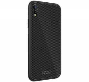 NILLKIN TEMPERED PLAID telefonvédő szilikon keret (BUMPER, edzett üveg hátlap, négyzet minta) FEKETE [Apple iPhone XR 6.1]
