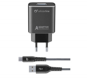 CELLULARLINE TETRAFORCE hálózati töltő USB aljzat (9V / 2000 mA, 15W, adaptív gyorstöltés + Type-C kábel) FEKETE (TETRACHSMKIT15WTYC)