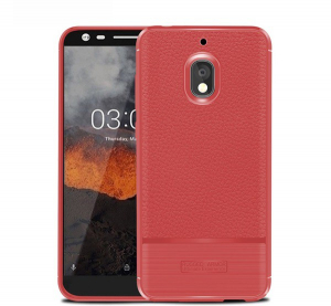 Szilikon telefonvédő (közepesen ütésálló, bőr hatású, szálcsiszolt) PIROS [Nokia 2.1]