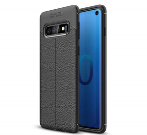 Szilikon telefonvédő (közepesen ütésálló, bőr hatású, varrás minta) FEKETE [Samsung Galaxy S10 (SM-G973)]