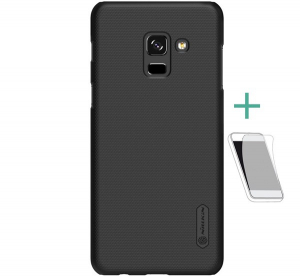 NILLKIN SUPER FROSTED műanyag telefonv&eacute;dő (gum&iacute;rozott, &eacute;rdes fel&uuml;let + k&eacute;pernyőv&eacute;dő f&oacute;lia) FEKETE [Samsung Galaxy A8 Plus (2018) SM-A730F]