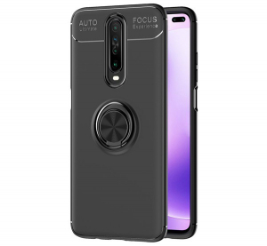 Szilikon telefonvédő (asztali tartó funkció, telefontartó gyűrű, 360°-ban forgatható, beépített fémlemez) FEKETE [Xiaomi Redmi K30 / K30 5G]