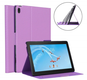 Tok álló, bőr hatású (FLIP, oldalra nyíló, asztali tartó funkció, karbon minta) LILA [Lenovo Tab E10 (TB-X104F)]