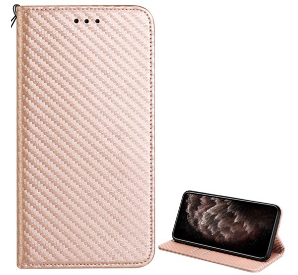 Tok álló, bőr hatású (FLIP, oldalra nyíló, asztali tartó funkció, karbon minta) ROZÉARANY [Samsung Galaxy A52 5G (SM-A526F)]