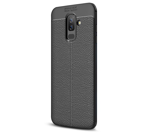 Szilikon telefonvédő (közepesen ütésálló, bőr hatású, varrás minta) FEKETE [Samsung Galaxy A6+ (2018) SM-A605F]