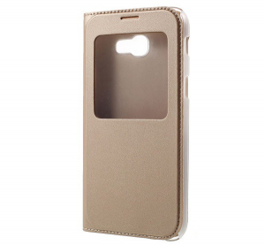 Tok &aacute;ll&oacute;, bőr hat&aacute;s&uacute; (FLIP, oldalra ny&iacute;l&oacute;, h&iacute;v&oacute;kijelz&eacute;s, View Window) ARANY [Samsung Galaxy A3 (2017) SM-A320F]