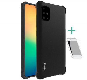 IMAK szilikon telefonvédő (közepesen ütésálló, légpárnás sarok, matt + képernyővédő fólia) FEKETE [Samsung Galaxy A51 (SM-A515F)]
