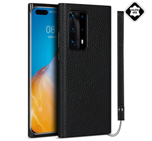 Szilikon telefonv&eacute;dő (val&oacute;di bőr bevonat) FEKETE [Huawei P40 Pro+ 5G]