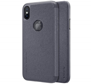 NILLKIN SPARKLE műanyag telefonv&eacute;dő (mikrosz&aacute;las bőr hat&aacute;s&uacute; FLIP, oldalra ny&iacute;l&oacute;, logo kiv&aacute;g&aacute;s) FEKETE [Apple iPhone XS 5.8]
