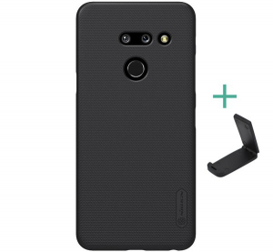 NILLKIN SUPER FROSTED műanyag telefonv&eacute;dő (gum&iacute;rozott, &eacute;rdes fel&uuml;let + asztali tart&oacute;) FEKETE [LG G8 ThinQ (G820Q)]