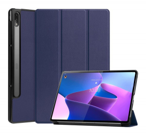 Tok álló, bőr hatású (aktív FLIP, oldalra nyíló, TRIFOLD asztali tartó funkció) SÖTÉTKÉK [Lenovo Tab P12 Pro (TB-Q706F)]