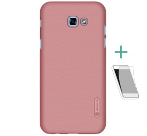 NILLKIN SUPER FROSTED műanyag telefonv&eacute;dő (gum&iacute;rozott, &eacute;rdes fel&uuml;let + k&eacute;pernyőv&eacute;dő f&oacute;lia) ROZ&Eacute;ARANY [Samsung Galaxy A3 (2017) SM-A320F]